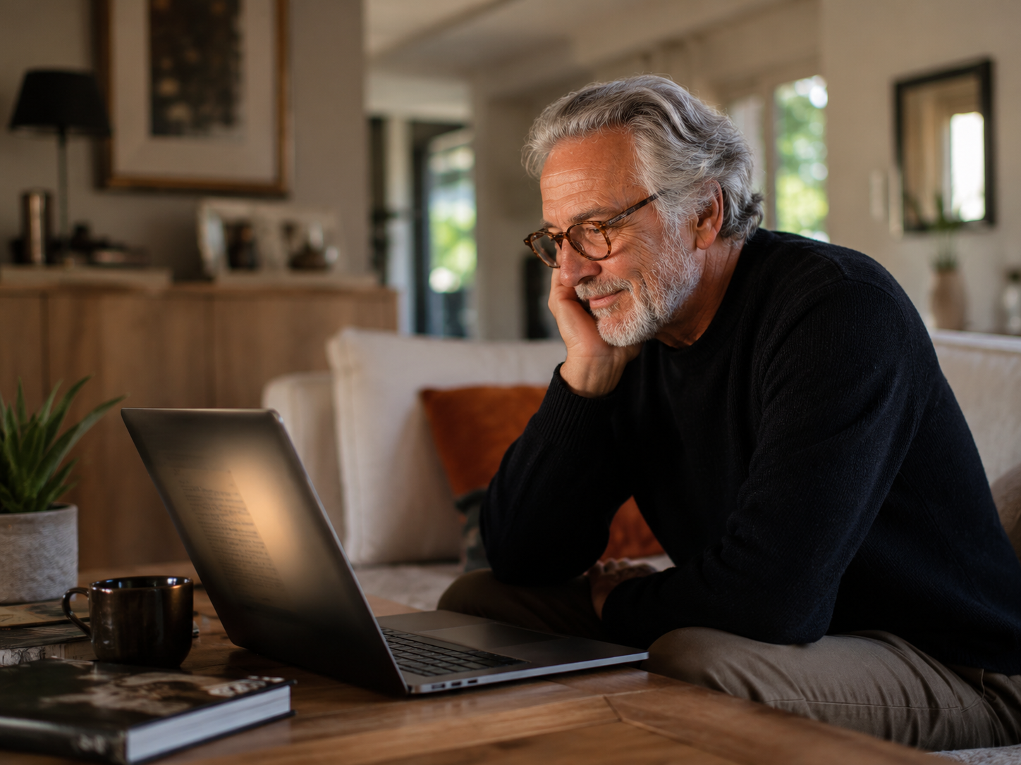 Un homme âgé lit un chapitre de son livre sur un ordinateur portable, dans son bureau.